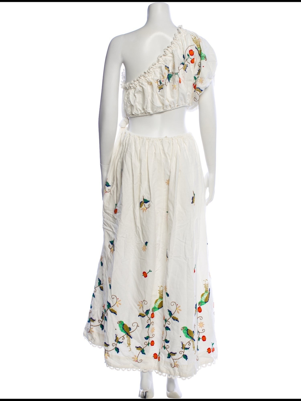 FARM Rio Embroidered One-Shoulder Side-knot Dress in Ivory w/Colorful Bird Motif - Picture 3 of 3